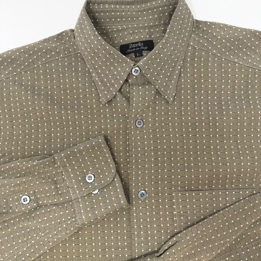 Zanella Mens Large Olive Green Geometric Dot Long Sleeve Button Down Shirt Italy